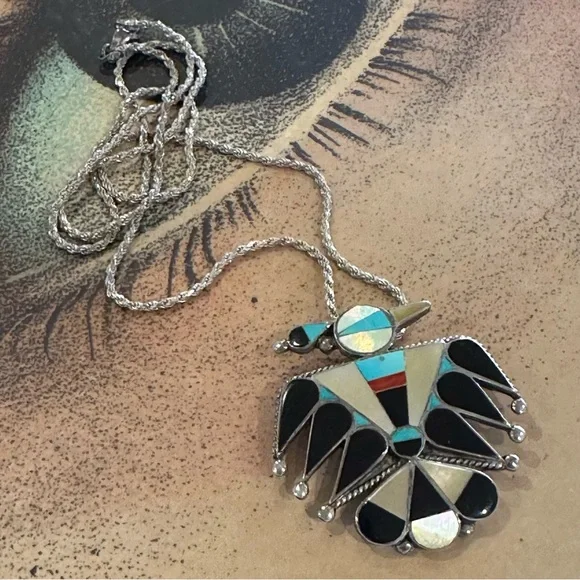 Vintage Old Pawn Zuni Sterling Silver Inlay Thunderbird Pendant Brooch Necklace - Picture 3 of 9